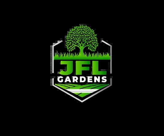 JFL Gardens logo featuring a green tree and grass with bold text on a black background
